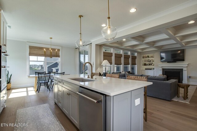 kitchen with wood finished floors, a sink, dishwasher, and ornamental molding