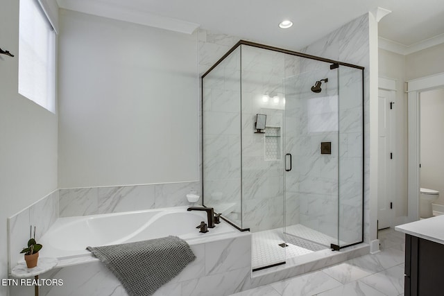 full bathroom with a garden tub, vanity, marble finish floor, a marble finish shower, and ornamental molding