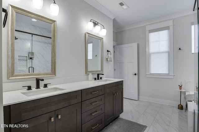full bath with visible vents, a sink, marble finish floor, and a marble finish shower