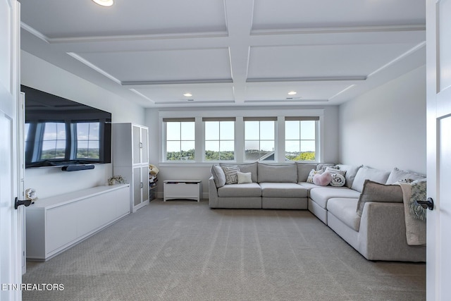 living room featuring coffered ceiling, recessed lighting, beam ceiling, and light colored carpet