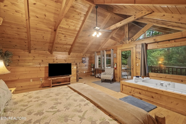 unfurnished bedroom with wooden ceiling, hardwood / wood-style floors, wood walls, and lofted ceiling with beams