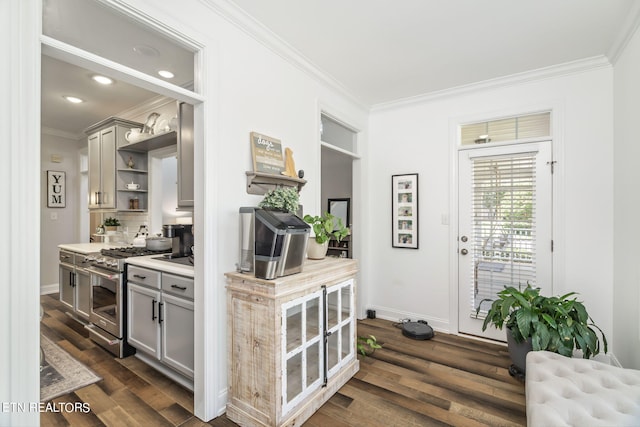 kitchen with ornamental molding, backsplash, gray cabinets, high end stove, and dark hardwood / wood-style floors