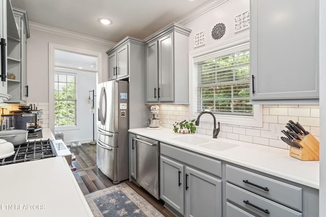 kitchen featuring stainless steel appliances, backsplash, sink, and gray cabinetry