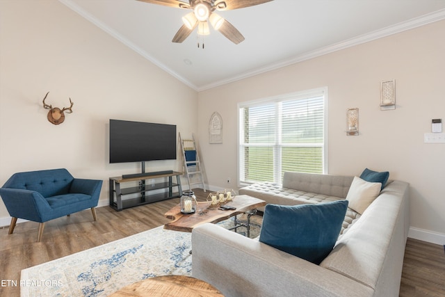 living room with crown molding, wood-type flooring, vaulted ceiling, and ceiling fan