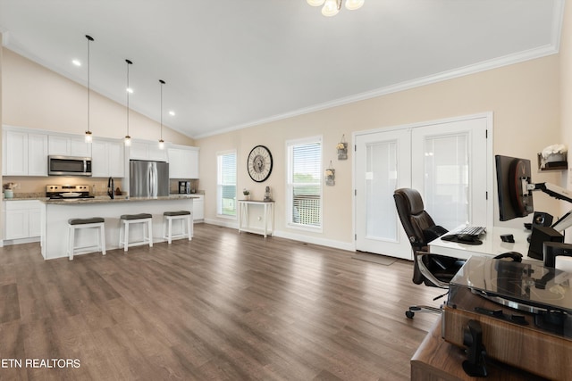 office featuring ornamental molding, sink, dark hardwood / wood-style flooring, and high vaulted ceiling