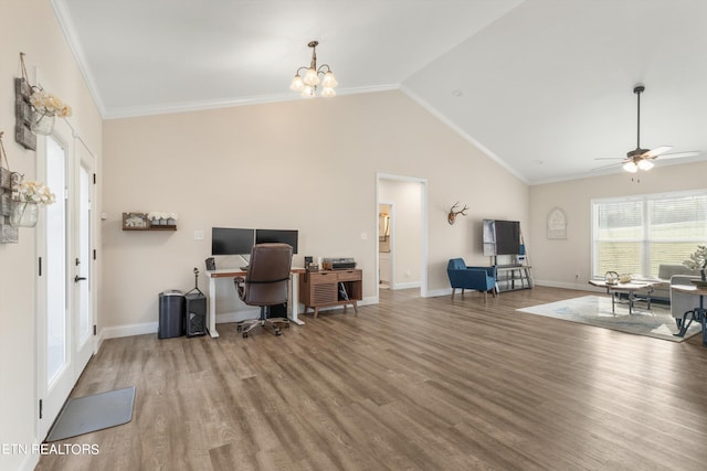 office area with ceiling fan with notable chandelier, crown molding, hardwood / wood-style floors, and high vaulted ceiling