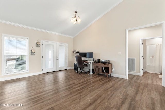 home office with a notable chandelier, vaulted ceiling, dark wood-type flooring, and crown molding