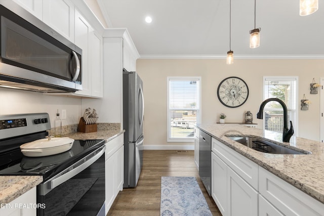 kitchen with hanging light fixtures, white cabinets, stainless steel appliances, dark hardwood / wood-style floors, and sink