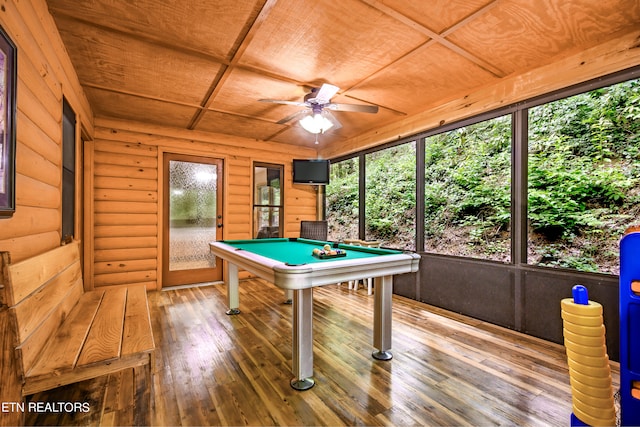 rec room with wooden ceiling, ceiling fan, hardwood / wood-style flooring, and billiards