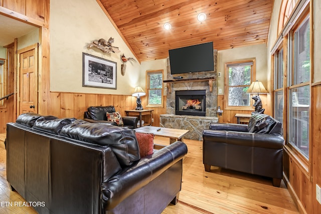 living room featuring vaulted ceiling, light hardwood / wood-style flooring, and a wealth of natural light