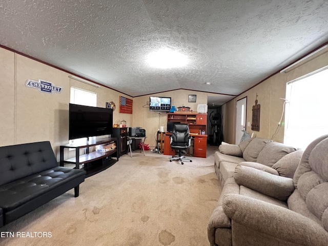 carpeted living room featuring a wealth of natural light, lofted ceiling, and a textured ceiling