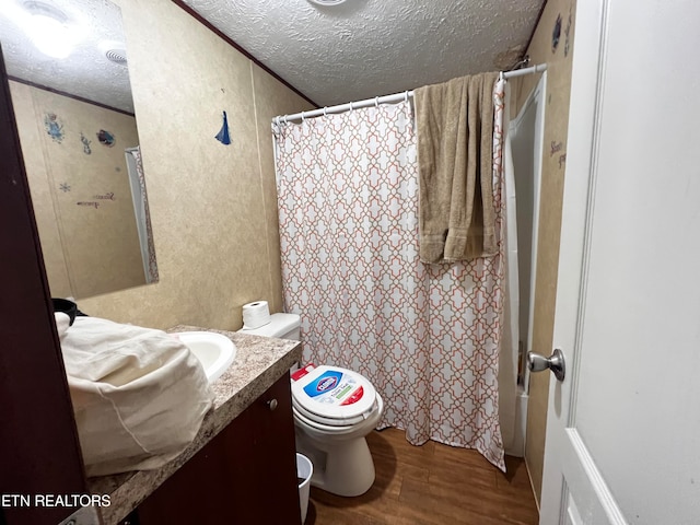 bathroom with wood-type flooring, vanity, toilet, and a textured ceiling