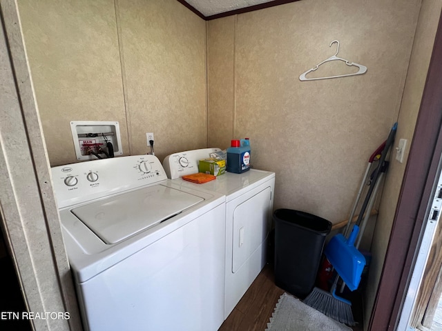 clothes washing area with crown molding, dark hardwood / wood-style flooring, and washing machine and clothes dryer