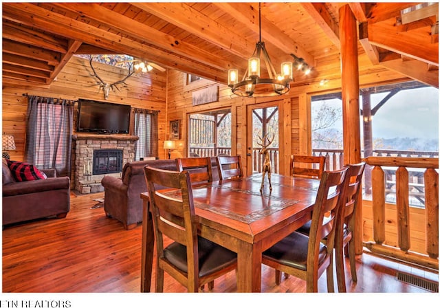 dining area with wood ceiling, a stone fireplace, beamed ceiling, hardwood / wood-style flooring, and wooden walls