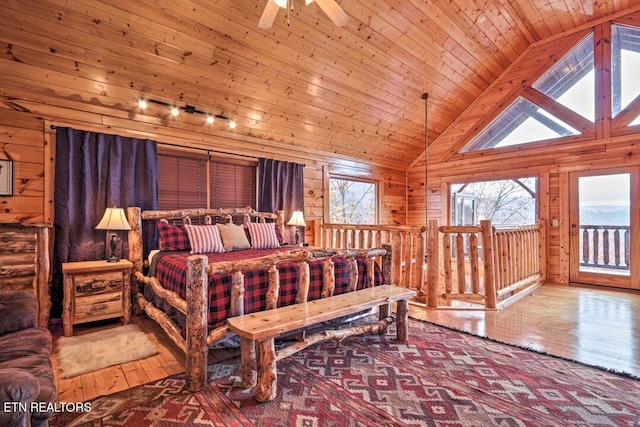 bedroom featuring wooden ceiling, wood walls, access to exterior, and hardwood / wood-style flooring