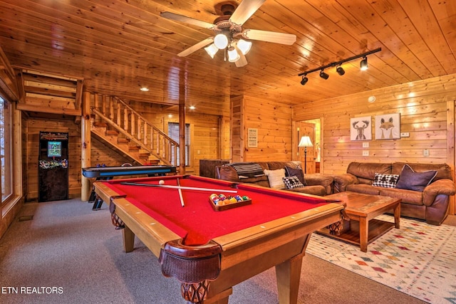 recreation room featuring wood ceiling, carpet flooring, wooden walls, rail lighting, and pool table