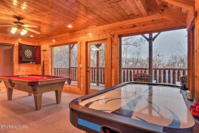 playroom featuring wooden ceiling, carpet flooring, ceiling fan, and billiards