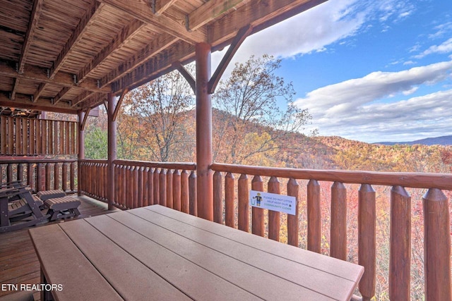 wooden deck with a mountain view