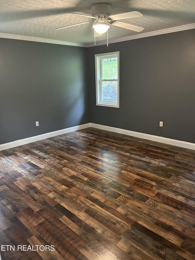 unfurnished room featuring ceiling fan, crown molding, and dark hardwood / wood-style flooring