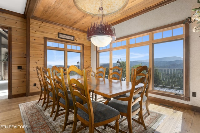 dining space with a mountain view, light hardwood / wood-style flooring, plenty of natural light, and wood walls