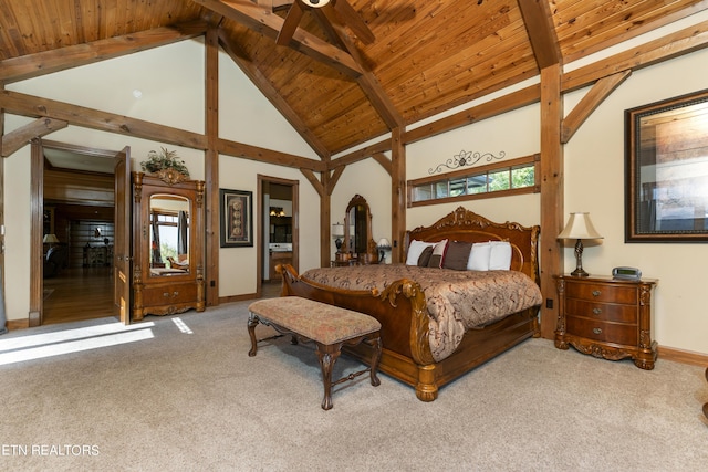 carpeted bedroom with beamed ceiling, wooden ceiling, high vaulted ceiling, and multiple windows