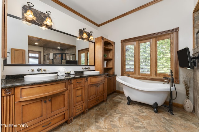 bathroom featuring ornamental molding, vanity, and independent shower and bath