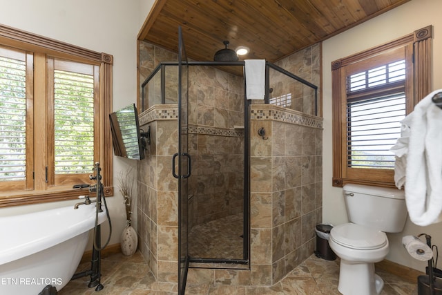 bathroom with plus walk in shower, toilet, and wooden ceiling