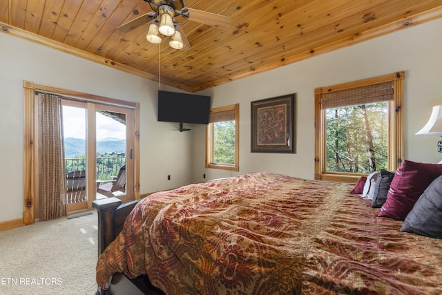 bedroom featuring access to outside, ceiling fan, crown molding, wooden ceiling, and carpet floors