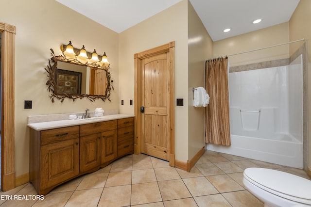 full bathroom with tile patterned flooring, vanity, toilet, and shower / bathtub combination with curtain