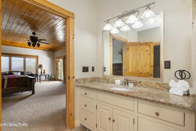 bathroom featuring ceiling fan, vanity, and wooden ceiling