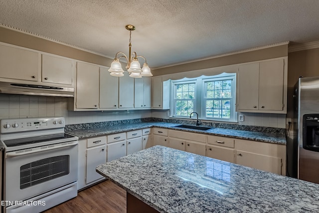 kitchen with white cabinets, white electric range oven, sink, backsplash, and dark wood-type flooring