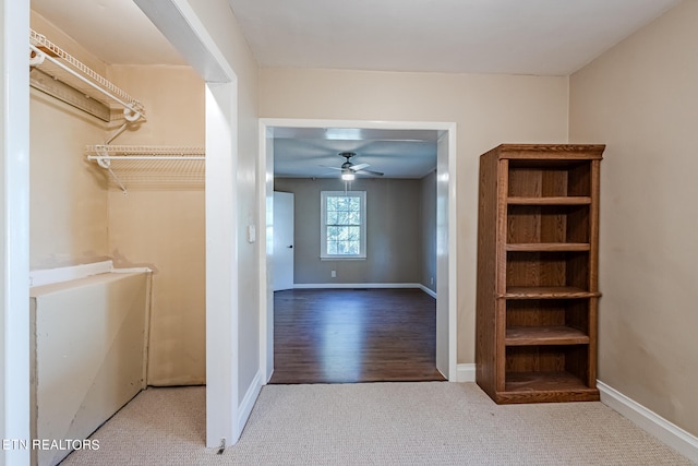 interior space with ceiling fan and light hardwood / wood-style flooring