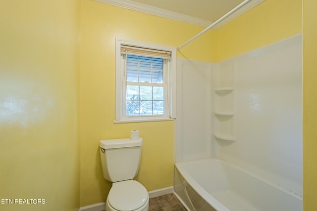 bathroom with tub / shower combination, crown molding, toilet, and tile patterned floors