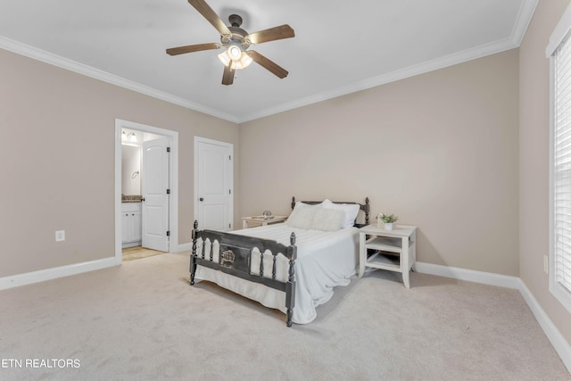 carpeted bedroom with connected bathroom, multiple windows, ceiling fan, and crown molding