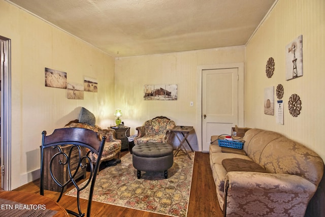 living room with a textured ceiling and wood-type flooring