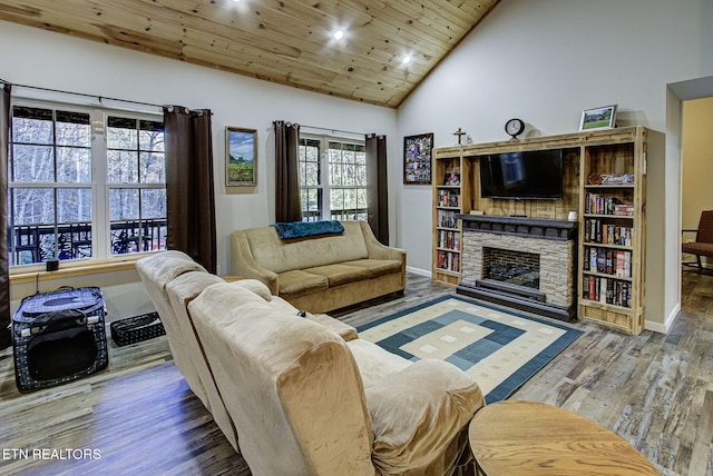 living room with wooden ceiling, a fireplace, high vaulted ceiling, and wood-type flooring