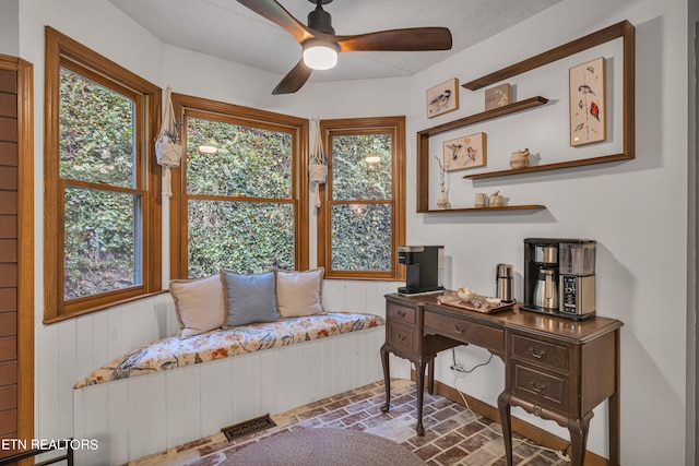 home office with a wealth of natural light and ceiling fan