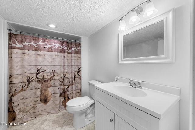 bathroom featuring toilet, a textured ceiling, a shower with curtain, tile patterned floors, and vanity