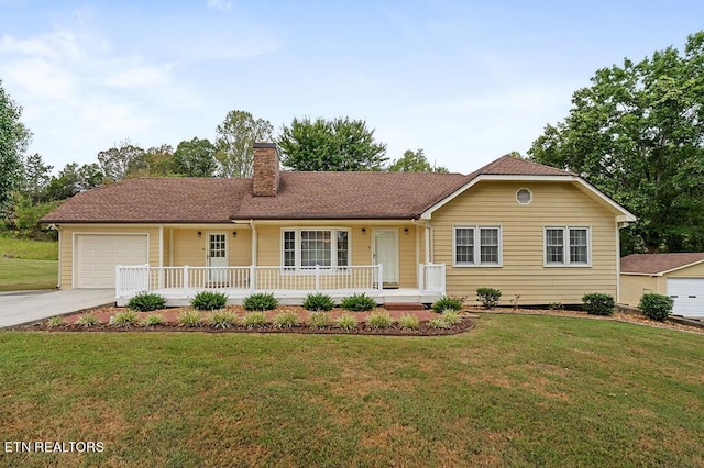 ranch-style home with a front lawn, a porch, and a garage