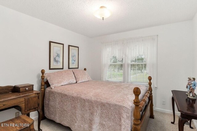 carpeted bedroom with a textured ceiling