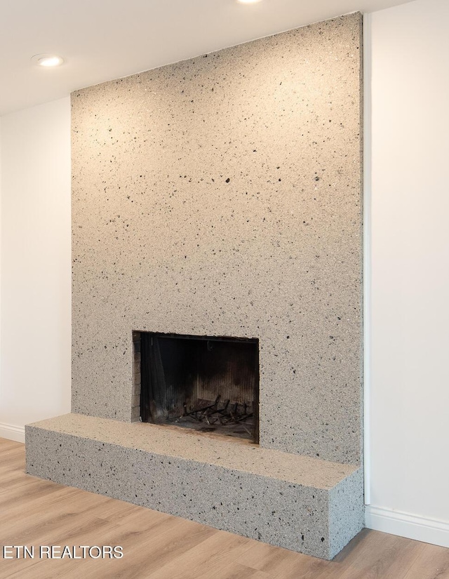 room details featuring a fireplace and wood-type flooring