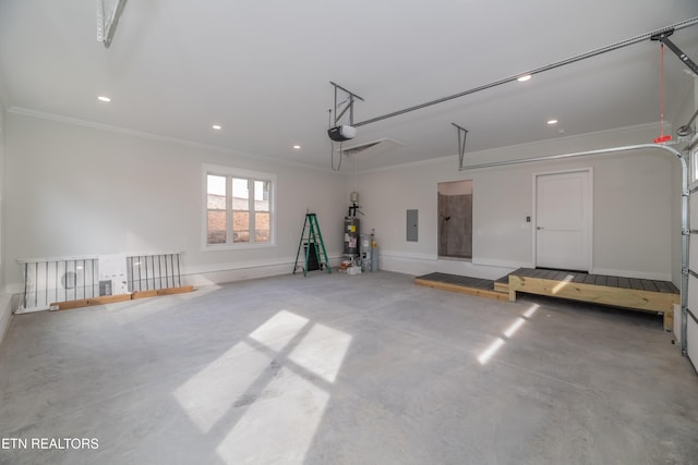 garage with recessed lighting, baseboards, electric panel, a garage door opener, and strapped water heater