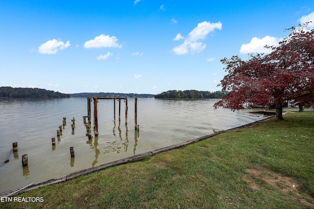 dock area featuring a lawn and a water view