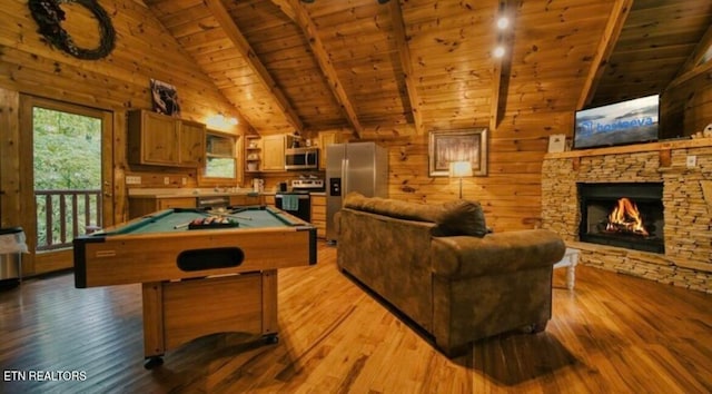 recreation room featuring light hardwood / wood-style flooring, wood ceiling, billiards, and a stone fireplace