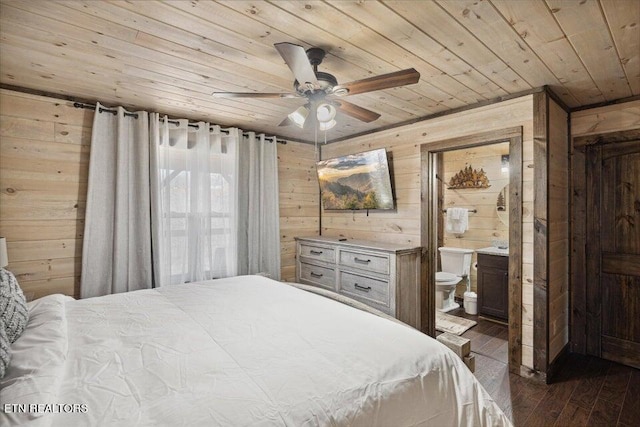 bedroom featuring ceiling fan, wood ceiling, wood walls, dark wood-type flooring, and ensuite bath