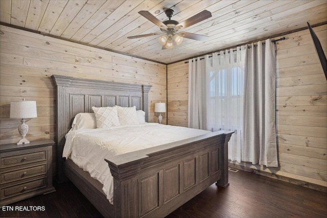 bedroom with ceiling fan, wooden walls, dark hardwood / wood-style flooring, and wood ceiling