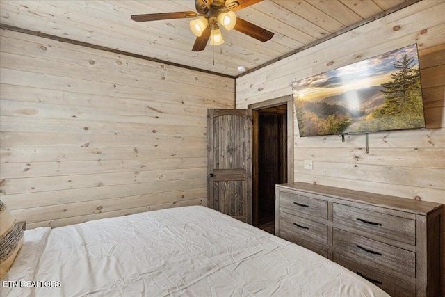 bedroom featuring ceiling fan, wooden walls, and wood ceiling