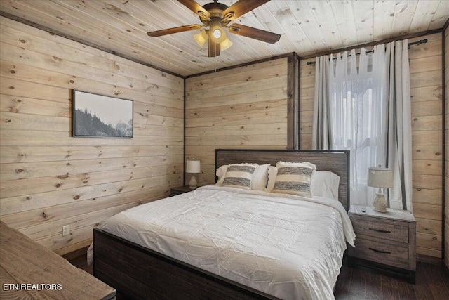 bedroom featuring wood ceiling, wooden walls, dark hardwood / wood-style flooring, and ceiling fan