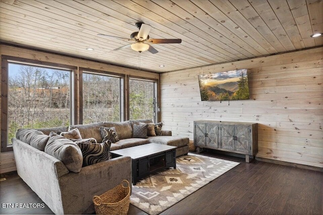 living room featuring ceiling fan, wooden walls, dark wood-type flooring, and wooden ceiling