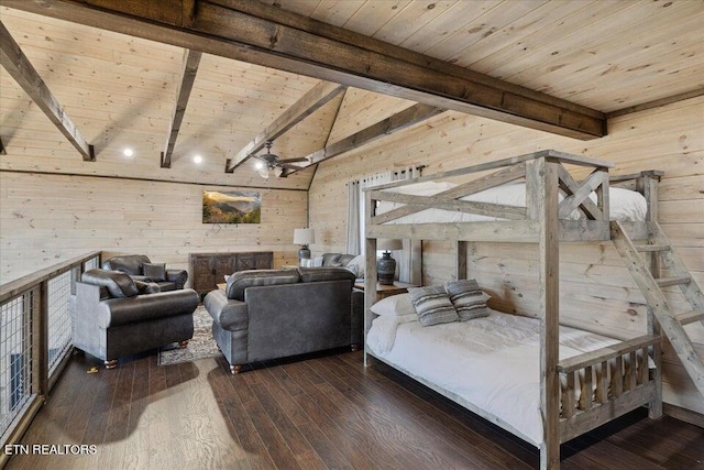 bedroom with wood ceiling, wood walls, lofted ceiling with beams, a fireplace, and dark hardwood / wood-style flooring